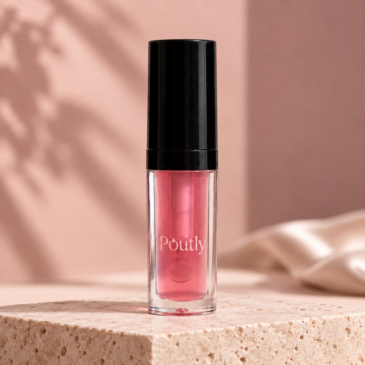 Sheer Hot Pink — Poutly lip oil, AI-styled product illustration