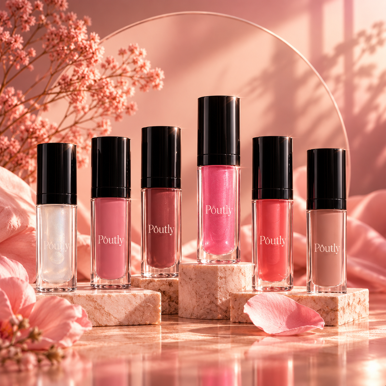 Six Poutly Glass Glaze Lip Oils displayed on staggered stone pedestals