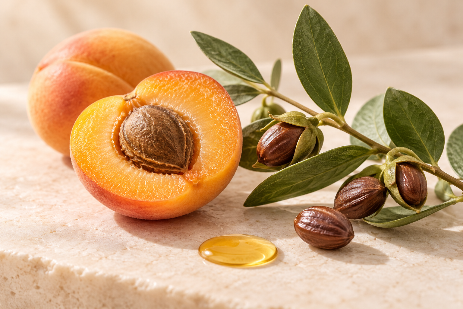 Still life of apricot, jojoba, and golden oil