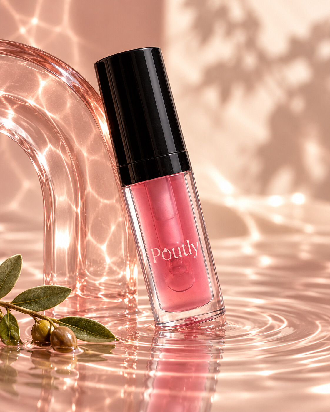 Poutly lip oil styled with a blush glass arch, reflective ripples, and a botanical sprig